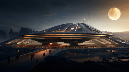 A futuristic spaceport with spacecraft coming and goin - obrazy, fototapety, plakaty