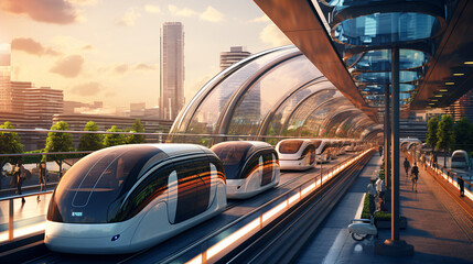 A futuristic transportation hub with hyperloop pods - obrazy, fototapety, plakaty