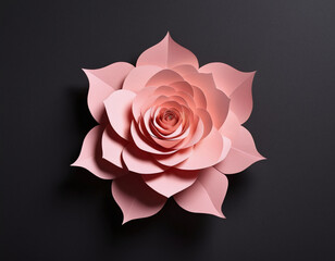 handcraft papaer art light pink color paper rose, isolated in black dark backgorund