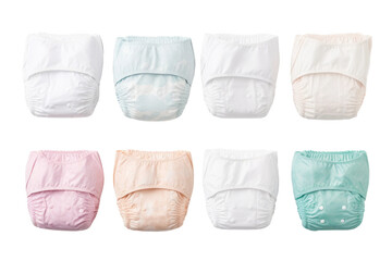 Assorted Baby Diapers in Different Colors. On a White or Clear Surface PNG Transparent Background. - obrazy, fototapety, plakaty