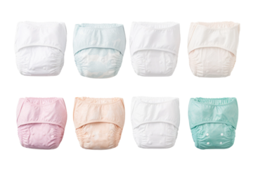 Assorted Baby Diapers in Different Colors. On a White or Clear Surface PNG Transparent Background.