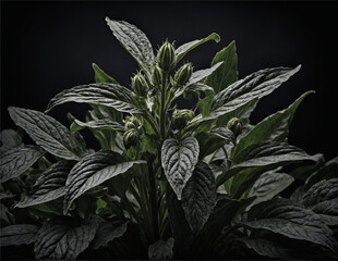 A dramatic black and white rendering of comfrey herb, highlighting the plant's intricate textures and patterns, creating a sense of mystery and intrigue. Generative AI - obrazy, fototapety, plakaty