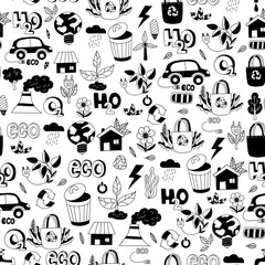 Ecology lifestyle seamless pattern. Ecology hand drawn on white background. Vector illustration in hand drawn doodle style.