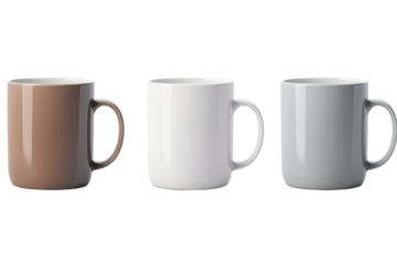 Three Different Colored Coffee Mugs. On a White or Clear Surface PNG Transparent Background.