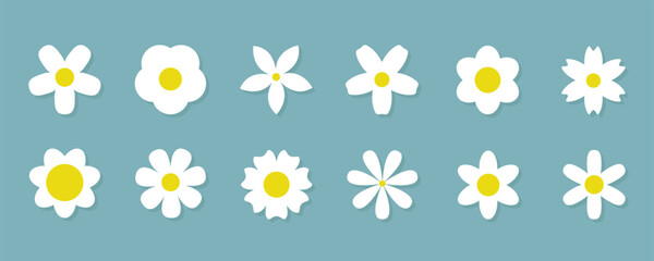 Daisy Camomile set. 12 white chamomile icon. Cute round flower head plant collection. Love card symbol. Growing concept. Simple flat design. Nature style. Isolated. Blue background Vector illustration - 763790412