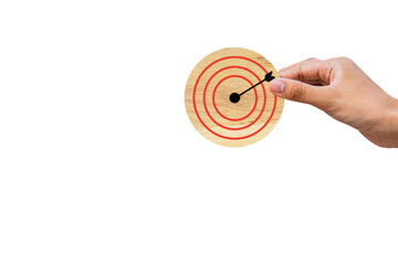 Hand holding dart board and arrow on white background for setup business objective target and goal...