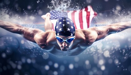 Professional Swimming Athlete in action front angle view under and over water, aerobic swimmer, proudly represent and wearing the United States flag pattern on head covering and swim goggles