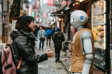 Happy asian woman interacting with an robot in a chinese street