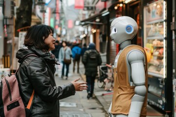 Fototapeta premium Happy asian woman interacting with an robot in a chinese street