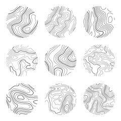 Topographic map with contour lines. Geographic terrain grid, relief height elevation. Ground path pattern. Travel and navigation, cartography design element. Vector illustration