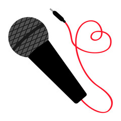Microphone mic icon with red wire cord. Heart shape. Music karaoke party. Black metal color. Cards, decorations, logo template. Happy Valentines day. Greeting card. Flat design White background Vector - 763790670