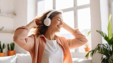 Joyful Young Woman Dancing Alone in a Bright Living Room, Enjoying Music with Wireless Headphones, Exuding Happiness and Freedom