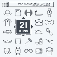 Men Accessories Icon Set in trendy line style isolated on soft blue background