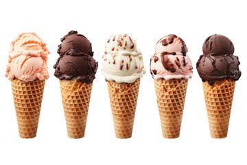 Assorted Ice Cream Cones in a Row. On a White or Clear Surface PNG Transparent Background.