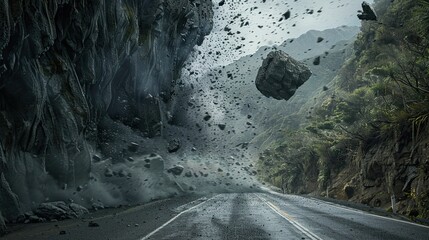 Mountain road. A landslide, stones are falling. Danger to life. The concept of natural disasters - obrazy, fototapety, plakaty