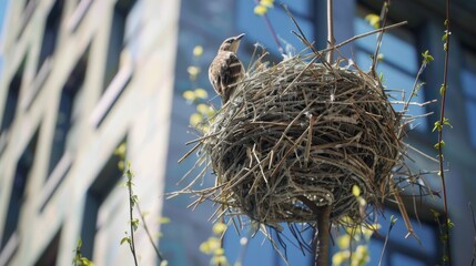 Bird Perched on Nest in Tree