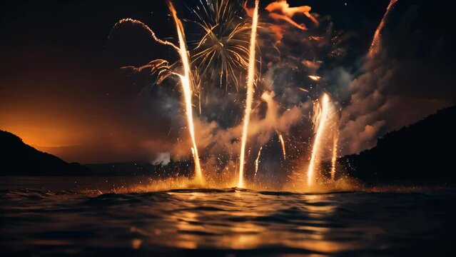 A spectacular fireworks display takes place over a lake surrounded by mountains. 