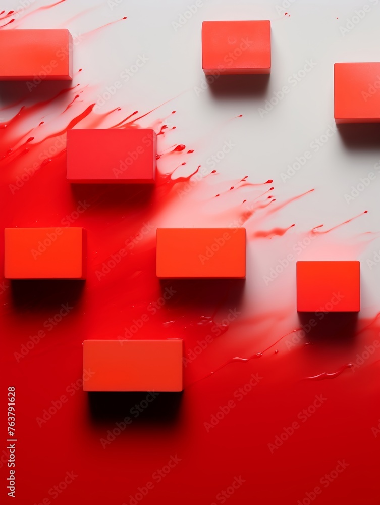 Poster a dynamic image showcasing red cubic shapes with a splash effect on a reflective red background.