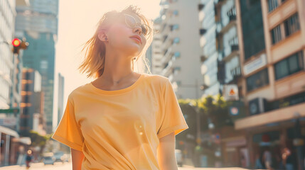  mockup featuring a stylish woman long hair wearing sunglasses, dressed in a trendy yellow t-shirt and jeans, confidently striding along a vibrant city street, exuding urban chic 