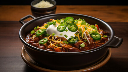 A hearty bowl of vegetarian chili topped with shredded