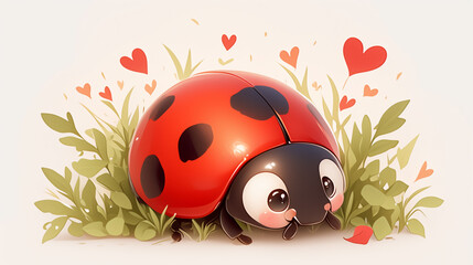 Heartwarming illustration showcases a cute and oversized cartoon ladybug with a beaming smile, nestled among delicate flowers on white background