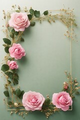 Wedding invitation card, Golden frame with pink rose on green background. top view.