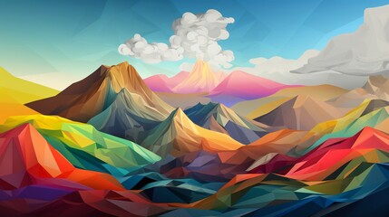 Fototapeta na wymiar Digital artwork featuring a range of colorful, geometrically stylized mountains with a smoking volcano in the background. 