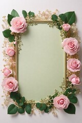 Wedding invitation card, Golden frame with pink rose on green background. top view.