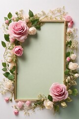 Wedding invitation card, Golden frame with pink rose on green background. top view.