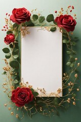 Wedding invitation card, Golden frame with red rose on green background. top view.