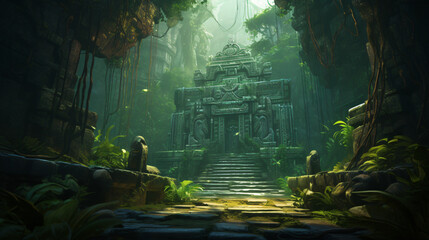 A hidden temple hidden within a dense jungle