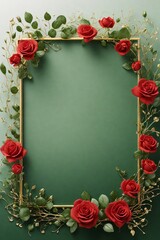 Wedding invitation card, Golden frame with red rose on green background. top view.