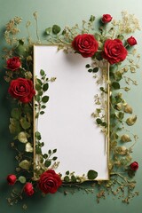 Wedding invitation card, Golden frame with red rose on green background. top view.
