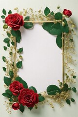 Wedding invitation card, Golden frame with red rose on green background. top view.