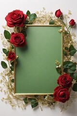Wedding invitation card, Golden frame with red rose on green background. top view.