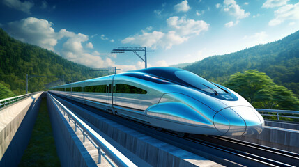 A highspeed maglev train traveling on its track.