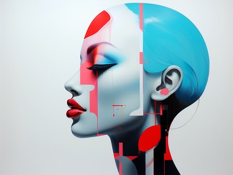 An artistic digital portrait of a woman with a half-head concept showing a vivid array of futuristic, data-like streams flowing from her mind.
