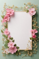 Wedding invitation card, Golden frame with cherry blossom on green background. top view.