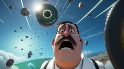 3D animation still of a cartoon character with large glasses marveling at a complex array of optical instruments around him.
