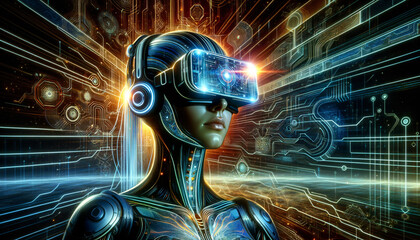 A side profile of a cybernetic being engaged with a virtual landscape, symbolizing the fusion of technology and human consciousness in a digital era.