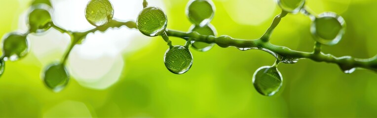 A detailed view of water droplets scattered across a green leaf, creating a visual spectacle The concept of green hydrogen