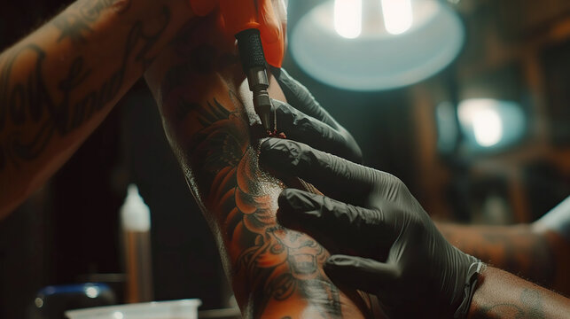 a master makes a tattoo on a man's arm in the salon