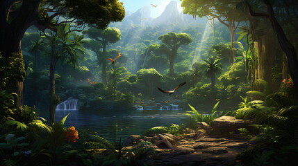 A lush jungle with towering trees and exotic wildlife.
