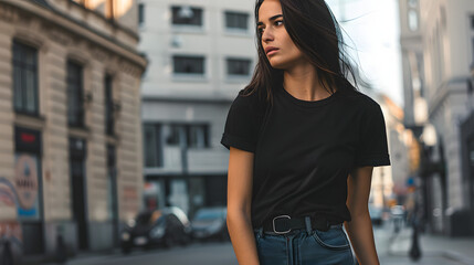 woman wearing a black t-shirt and jeans, standing confidently on a bustling city street, exuding urban chic and effortless elegance