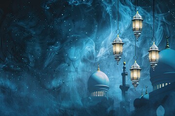 indigo wallpaper desktop with white mosque and small islamic lantern floating on top 