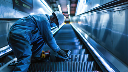 .a man repairs an escalator in the subway
