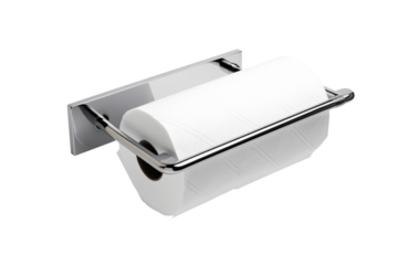 Toilet Paper Roll on Metal Holder. On a White or Clear Surface PNG Transparent Background.