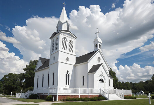 Little white church in the clouds on white background 3d background 