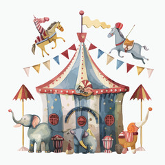 A whimsical circus tent with performers inside. clipart