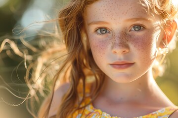 Fototapeta premium eight year old girl with dewy summer skin with freckles wearing vibrant color summer dress, glowing and natural, warm sunlight and soft skin tones